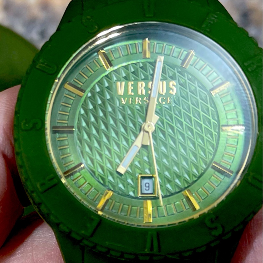 Versace green rubber strap watch with case. Men’s or Women’s